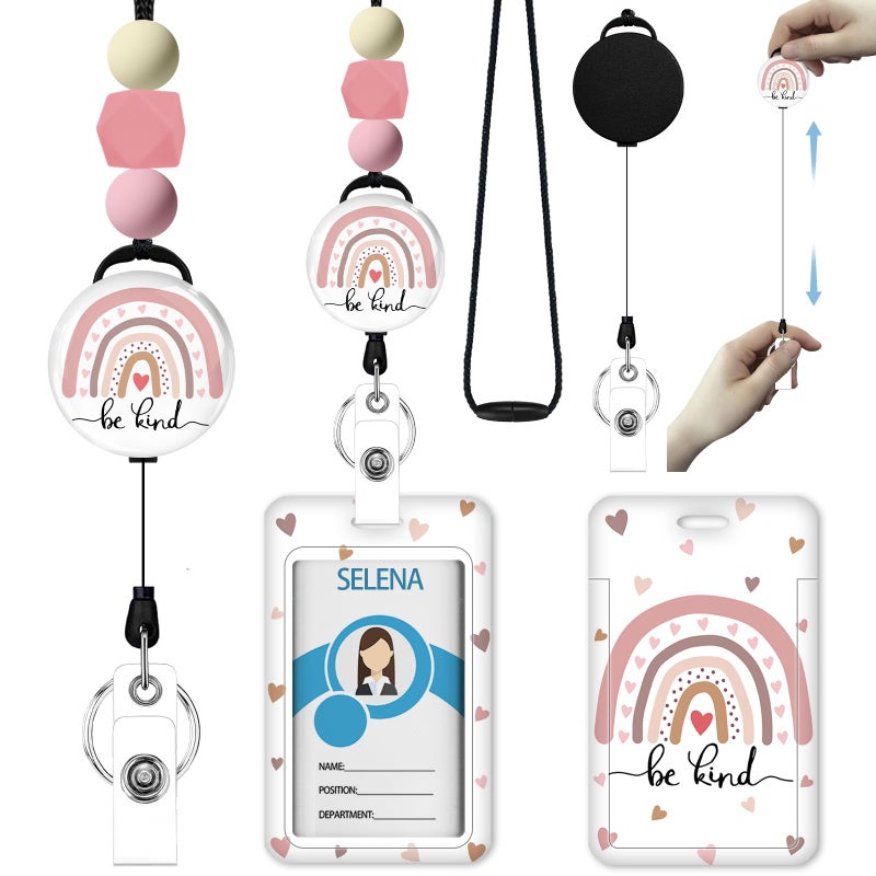 Icycay Teacher Lanyards for Id Badges  ID Badge Holder with Silicone Beaded Lanyard Badge Reel Retractable Clip  Cute Rainbow Lanyard with ID Holder Retractable Keychain  Office Name Tag Badge Holder - Image 1